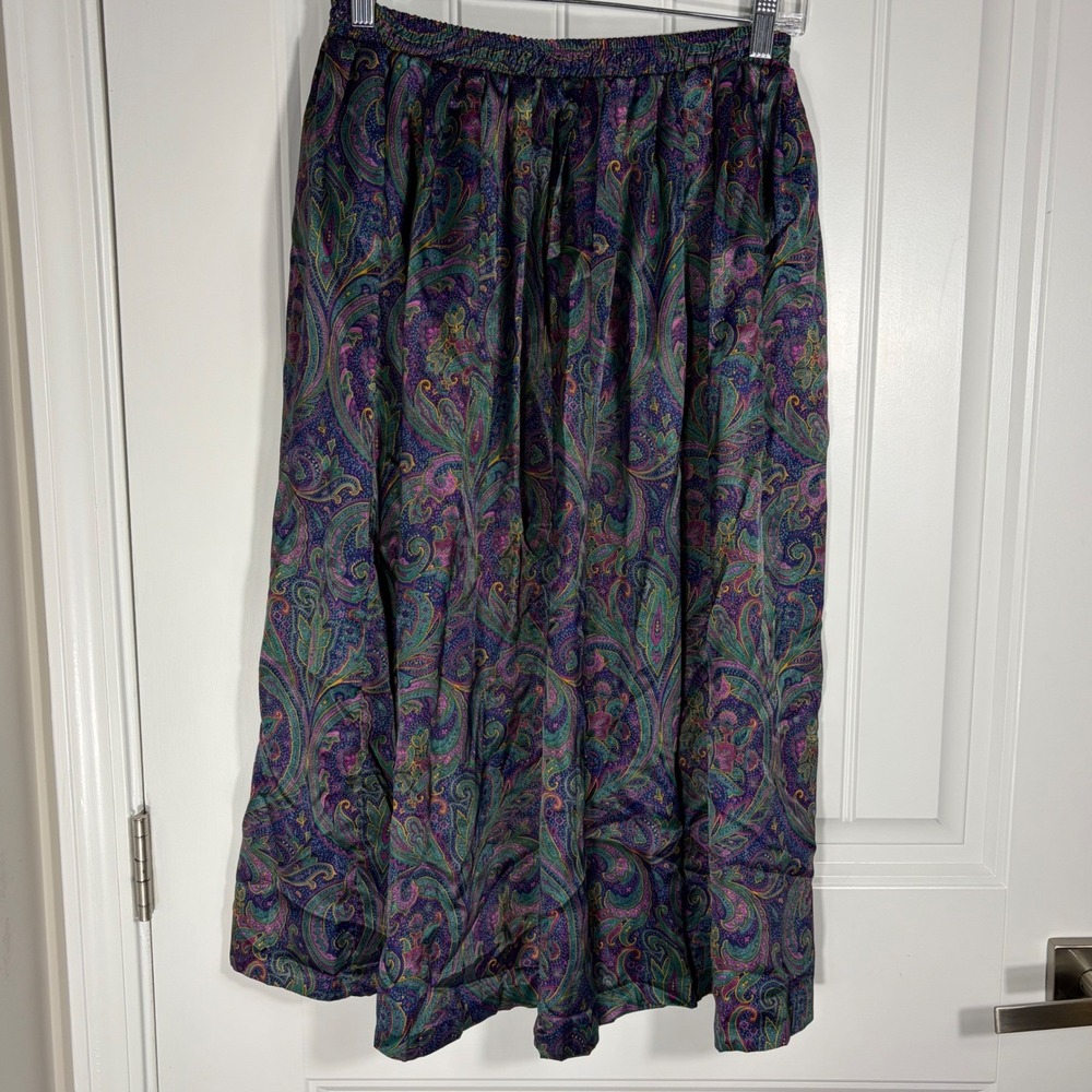 Vintage Russ Paisley Midi Skirt Womens 14 Purple Teal Elastic Waist Made in USA